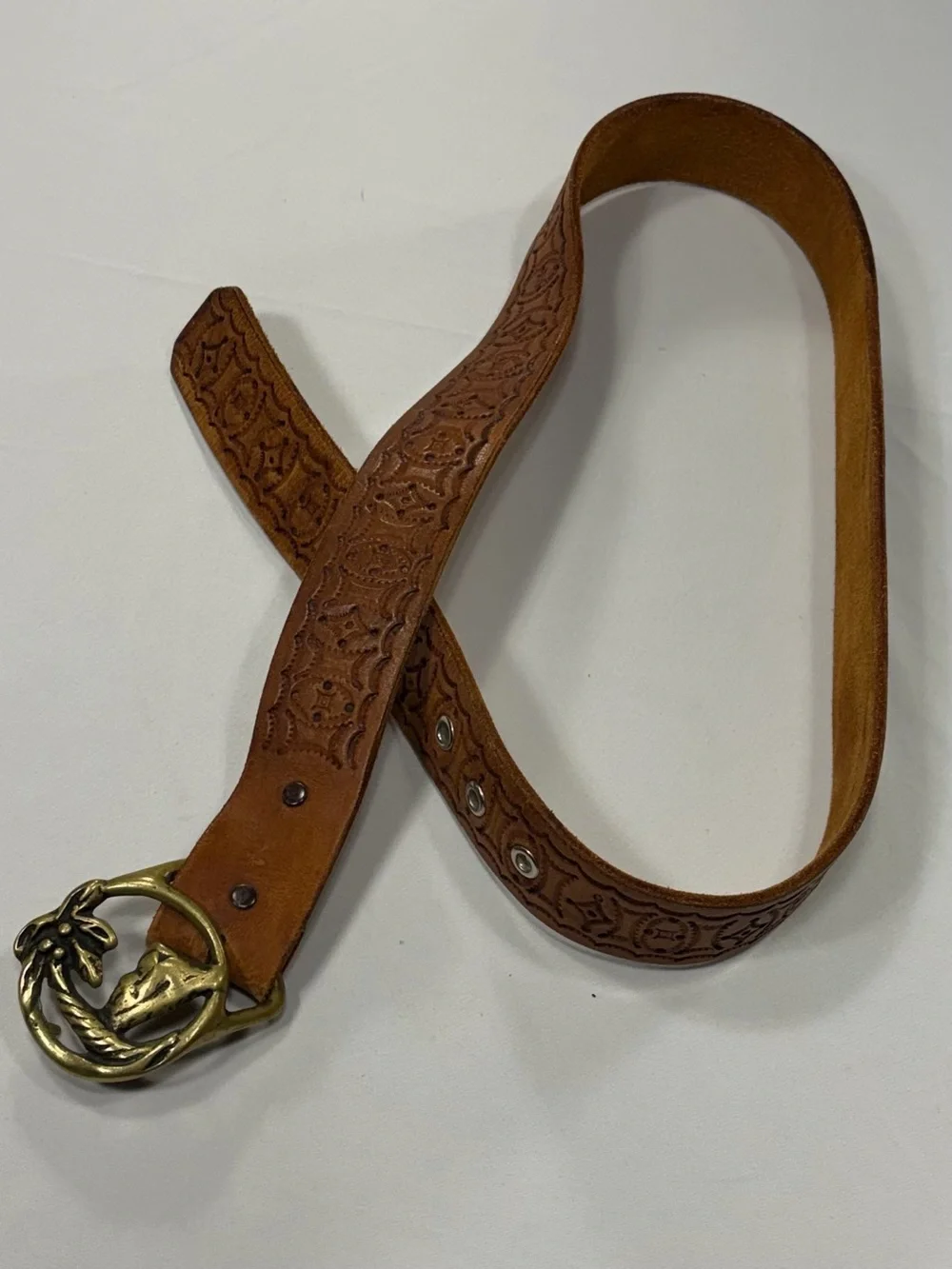 Vintage Tooled Leather Belt Brown Solid Brass Palm Tree Island Buckle Size 36